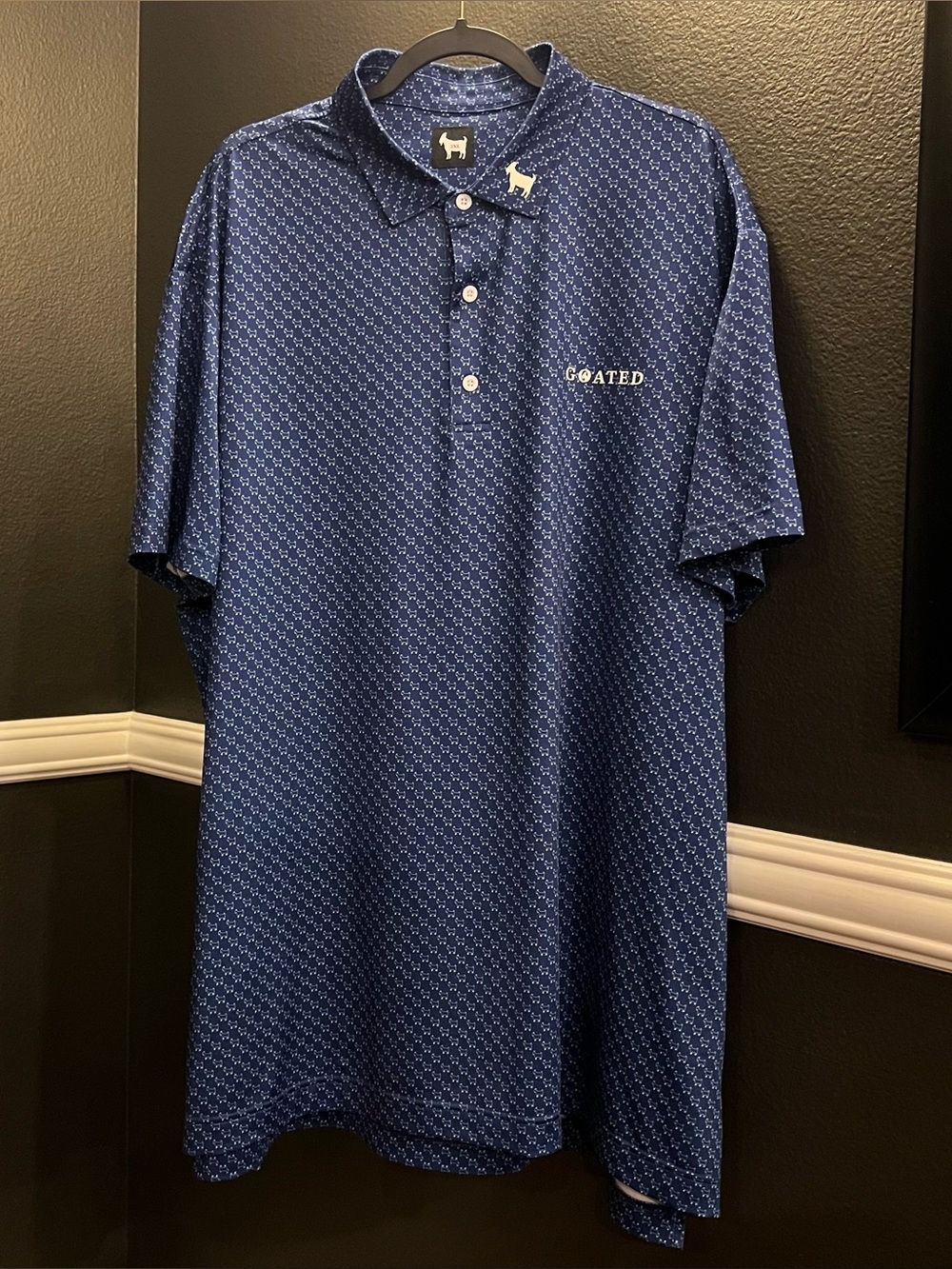 Goated Men’s Blue All Over Goat Print Short Sleeve Golf Performance Polo 3XL